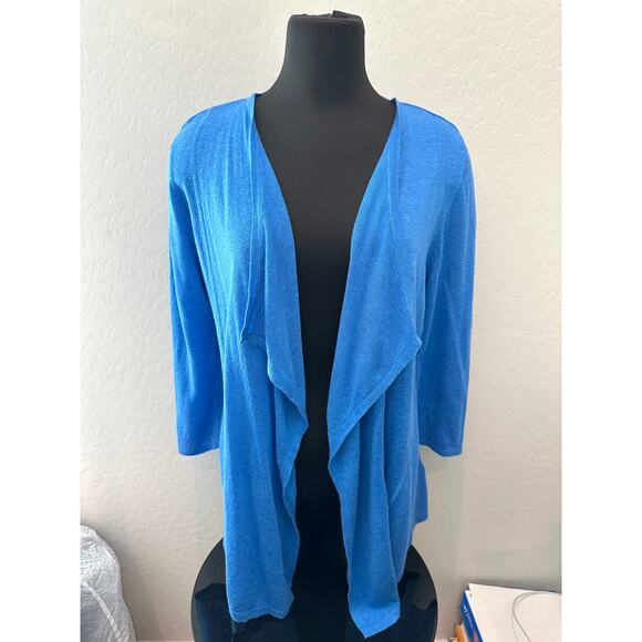 KENAR | Blue Linen Blend Lightweight Open Front Waterfall Cardigan | Large - Picture 2 of 7